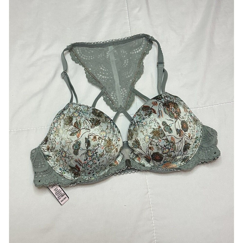Victoria's Secret Bra Women's 32A Dream Angel Satin Floral Sage Lace Push Up Y2K